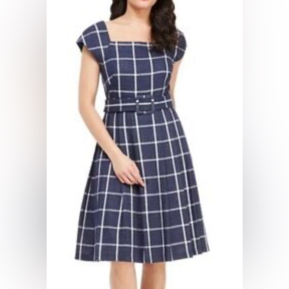 Gal Meets Glam Navy Blue Plaid Midi Dress